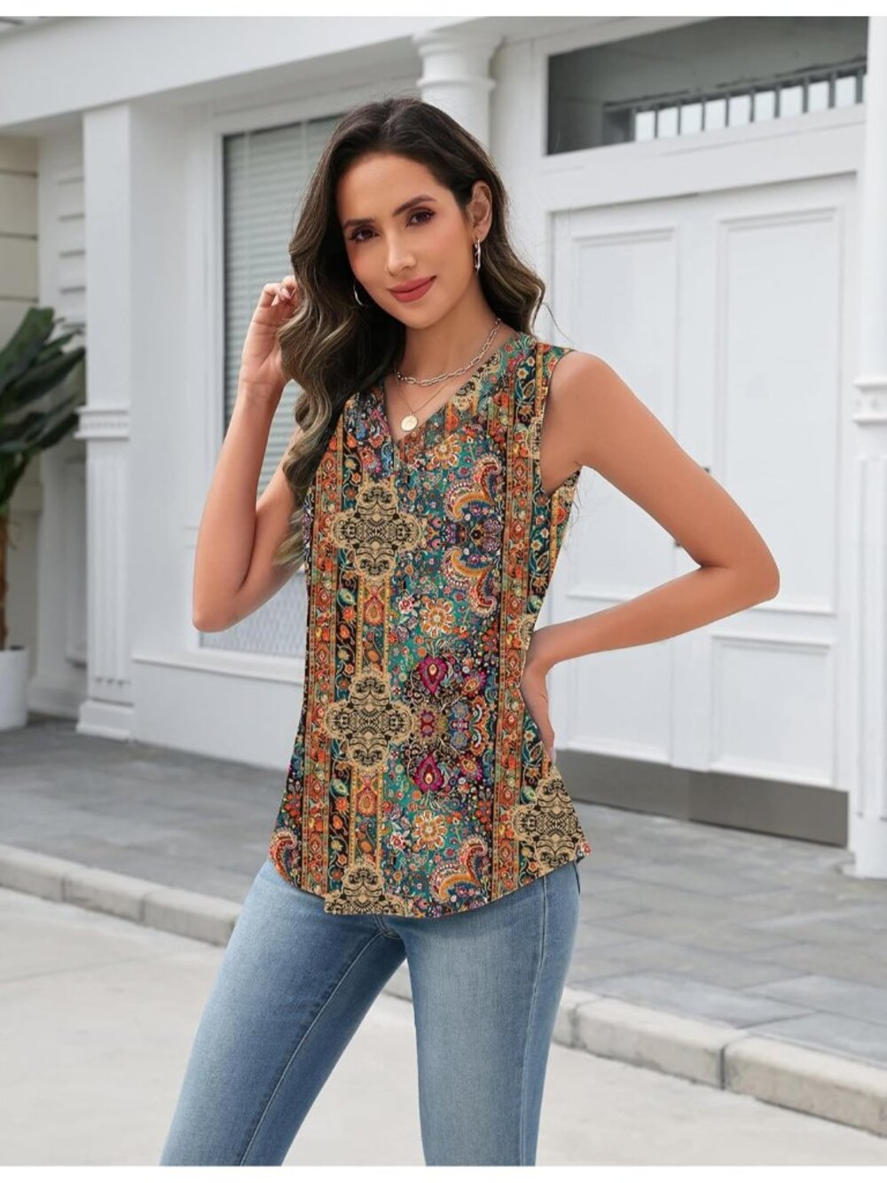 Women's Spring Summer V Neck Multicolor Mz721 Loose Fit Sleeveless Tops Beach - Picture 2 of 5